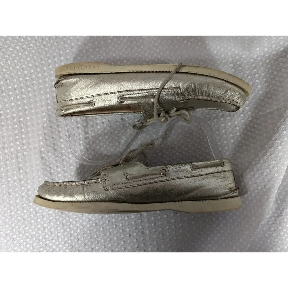 SPERRY TOPSIDER! GOLD GENUINE LEATHER BOAT SHOES NON-MARKING WHITE SOLE! SZ 9.5M
